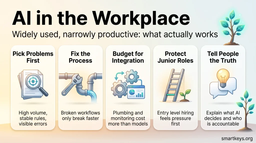 Infographic on AI in the workplace showing five practices that work: pick problems first, fix the process, budget for integration, protect junior roles, tell people the truth.