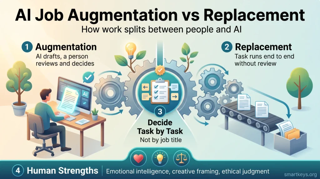 Infographic comparing AI job augmentation and replacement, showing how work splits between people and AI task by task and which human strengths remain.