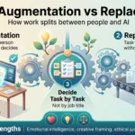 Infographic comparing AI job augmentation and replacement, showing how work splits between people and AI task by task and which human strengths remain.