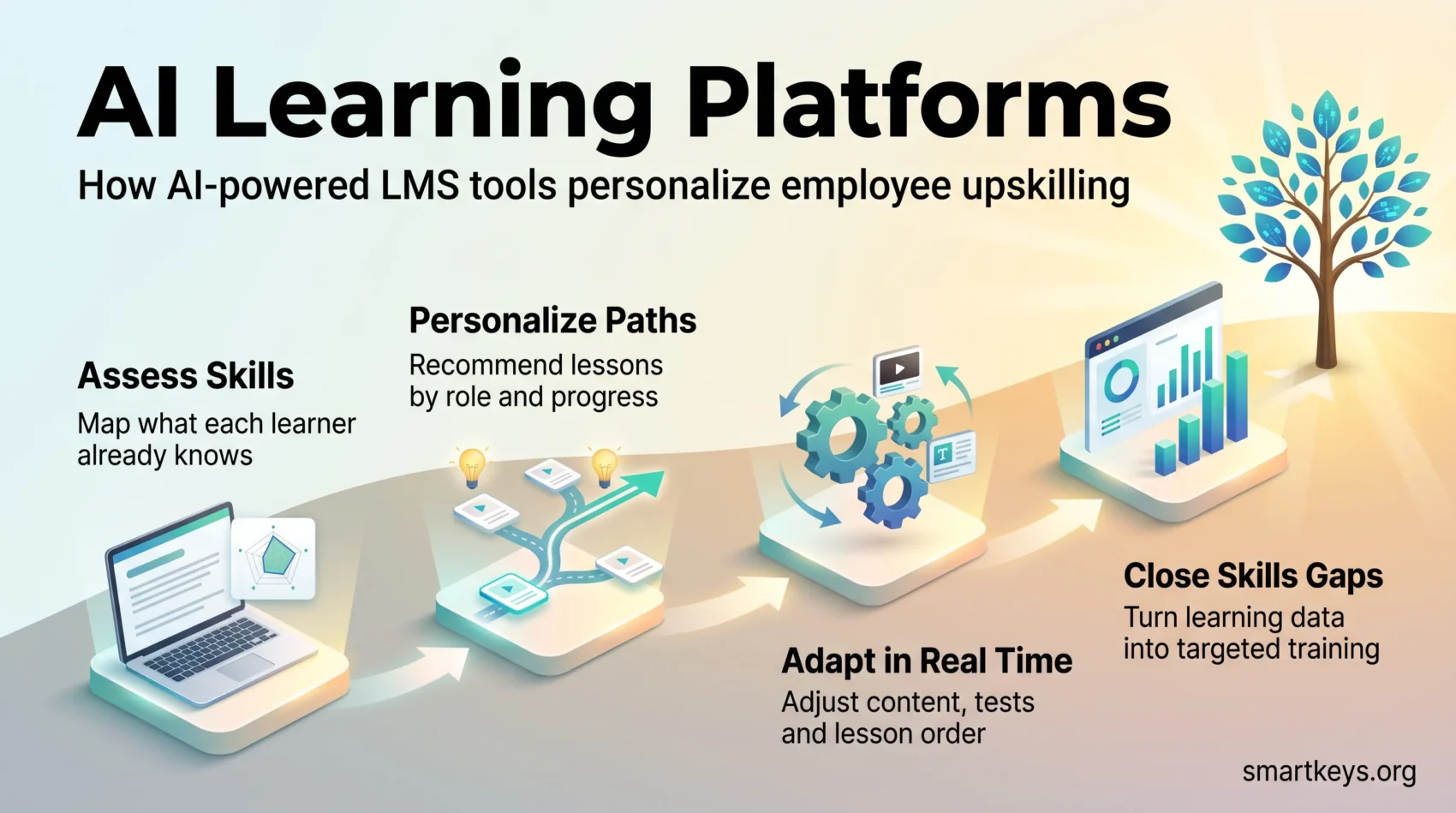 Infographic on AI learning platforms showing how AI-powered LMS tools assess skills, personalize learning paths and adapt training in real time.