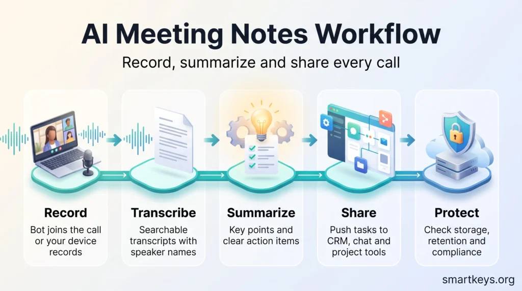 AI meeting notes workflow infographic in five steps: record the call, transcribe with speaker names, summarize action items, share to tools and protect data.