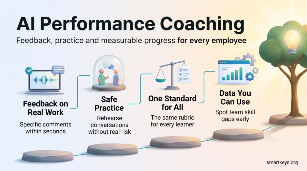 AI performance coaching infographic: feedback on real work, safe practice, one standard for all learners and data that spots team skill gaps.