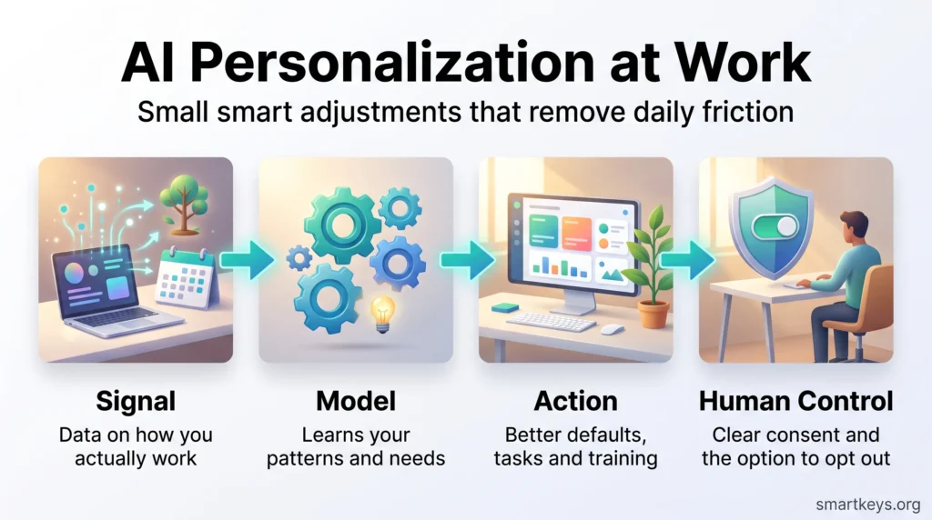 AI personalization at work infographic: work data feeds a model that sets better defaults, tasks and training, with clear consent and an opt out.