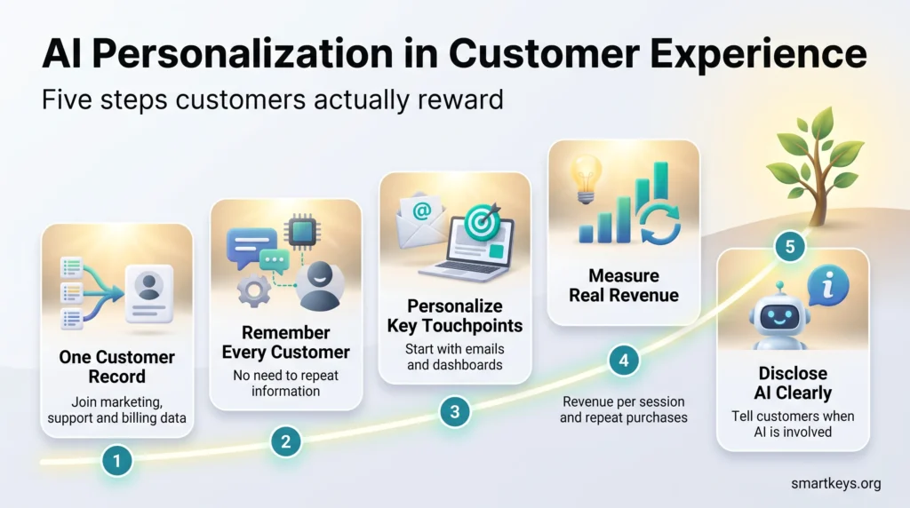 Infographic on AI personalization in customer experience: five steps from one customer record and key touchpoints to revenue metrics and clear AI disclosure.