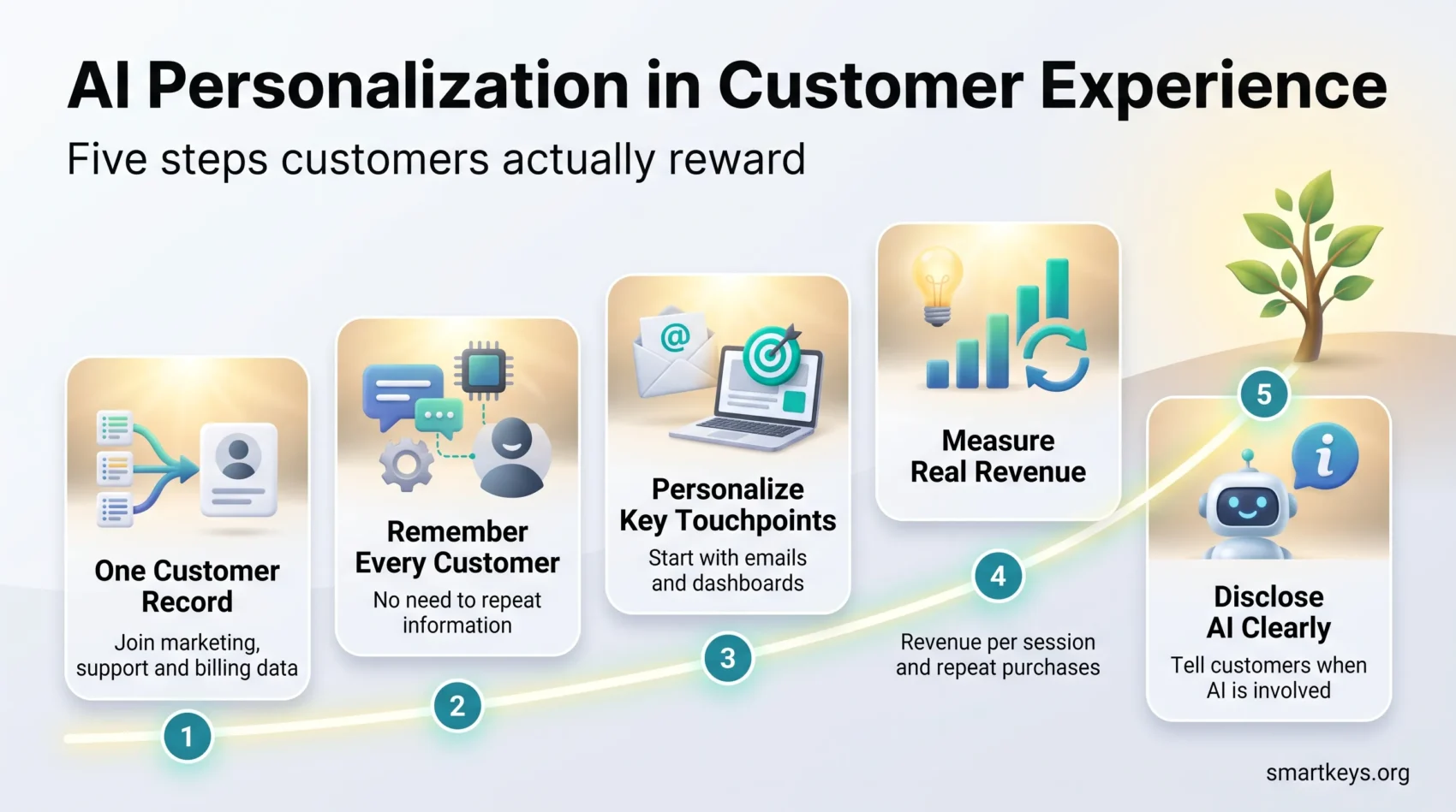 Infographic on AI personalization in customer experience: five steps from one customer record and key touchpoints to revenue metrics and clear AI disclosure.