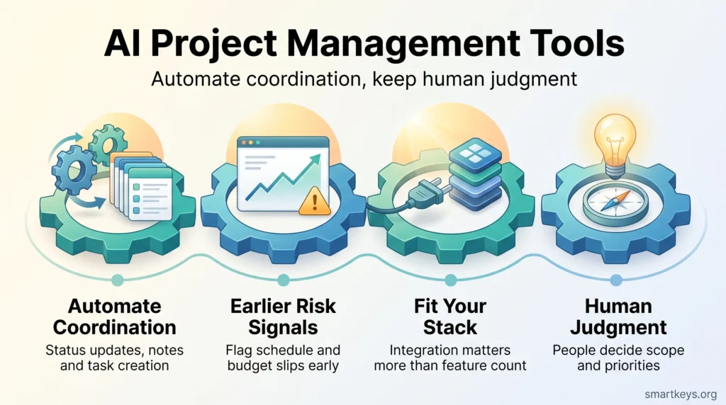 Infographic on AI project management tools: automating coordination, earlier risk signals, fitting your existing stack and keeping human judgment for scope.