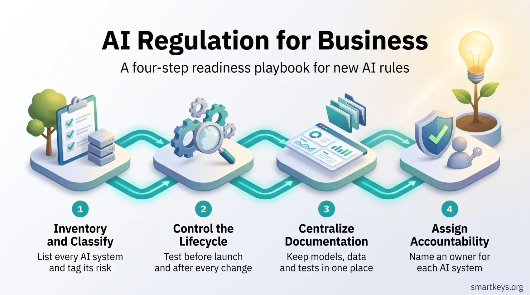 Infographic on AI regulation for business showing a four-step readiness path: inventory and classify, control the lifecycle, centralize documentation, assign accountability