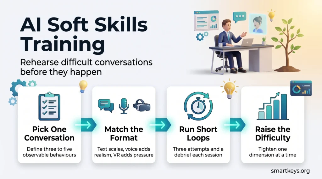AI soft skills training infographic: a manager rehearses a difficult conversation with an AI avatar, shown as four steps from picking one conversation to raising the difficulty.