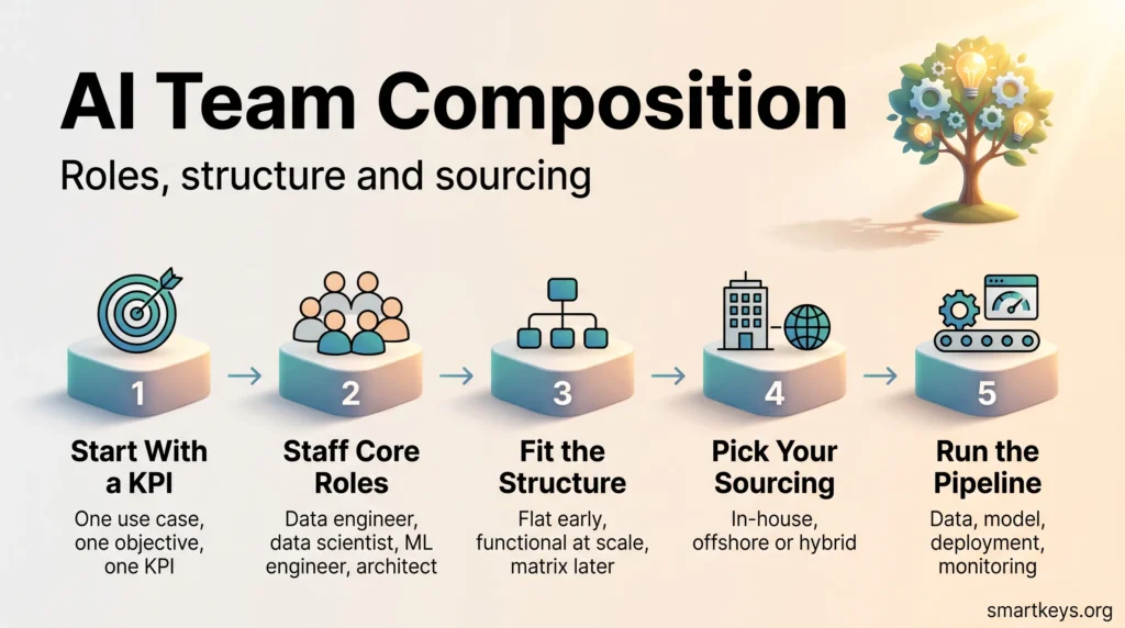 AI team composition infographic showing five steps: start with a KPI, staff core roles, fit the structure, pick your sourcing and run the pipeline.