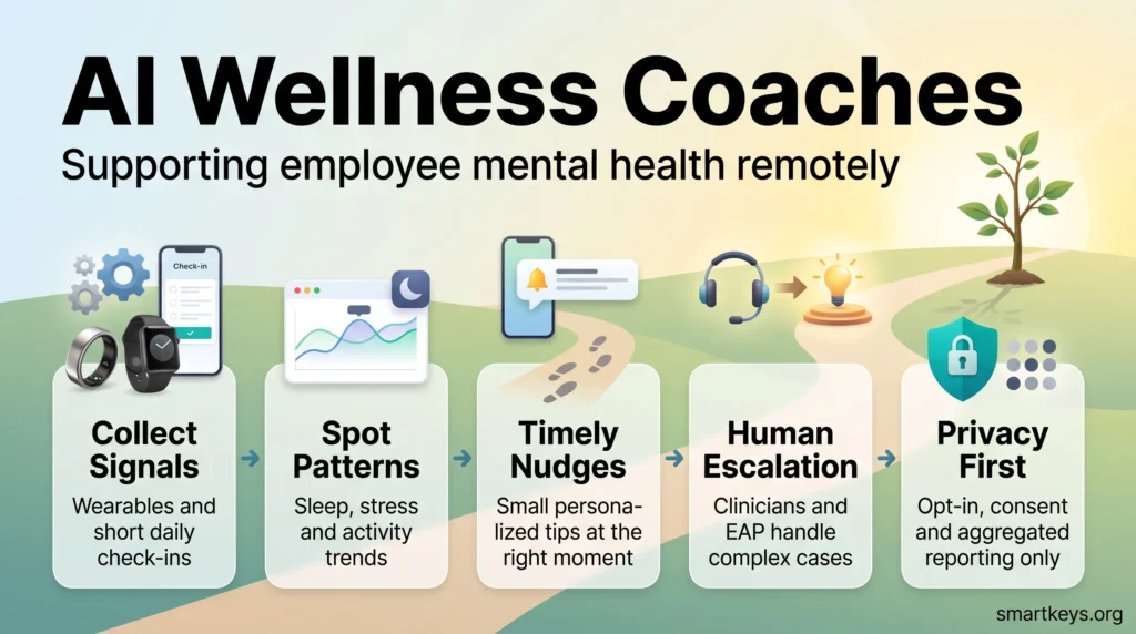 Infographic showing how AI wellness coaches turn wearable data into timely nudges for remote employees, backed by human escalation and privacy safeguards.