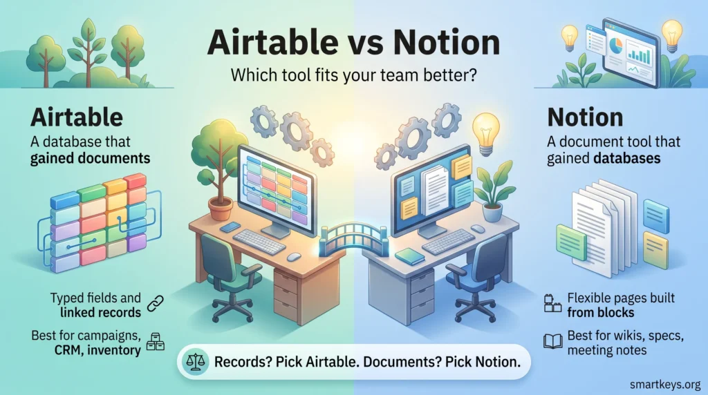 Airtable vs Notion infographic comparing a relational database for structured records with a document workspace for wikis, specs and meeting notes.