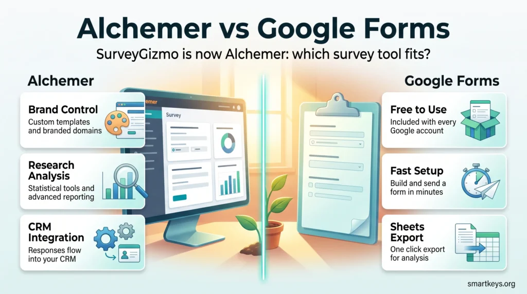 Infographic comparing Alchemer, formerly SurveyGizmo, with Google Forms on branding, research analysis, CRM integration, free use, fast setup and Sheets export.