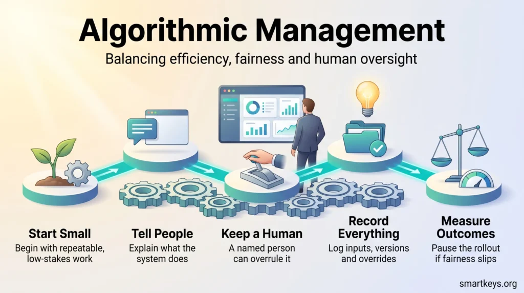 Algorithmic management infographic showing five steps: start small, tell people, keep a human, record everything and measure outcomes.
