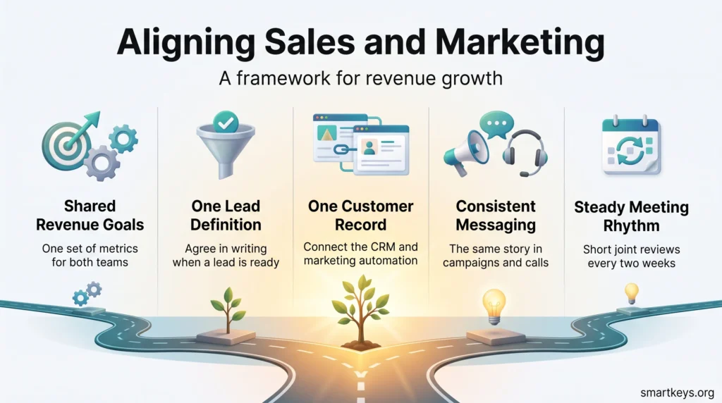 Infographic on aligning sales and marketing: shared revenue goals, one lead definition, one customer record, consistent messaging and a steady meeting rhythm.