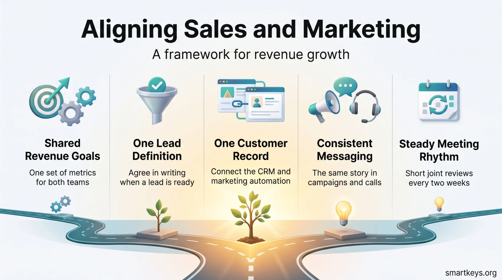 Infographic on aligning sales and marketing: shared revenue goals, one lead definition, one customer record, consistent messaging and a steady meeting rhythm.