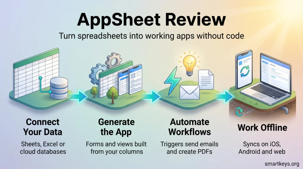 AppSheet review infographic showing four steps: connect spreadsheet data, generate the app, automate workflows and work offline across devices.