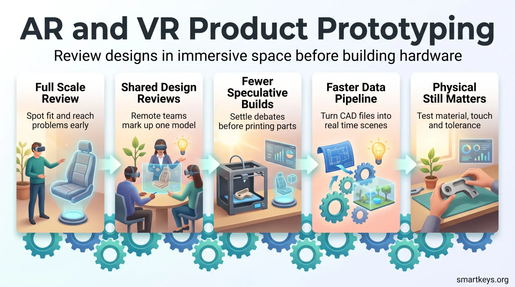 Infographic on AR VR product prototyping: full scale review, shared design reviews, fewer speculative builds, faster data pipeline and physical testing.