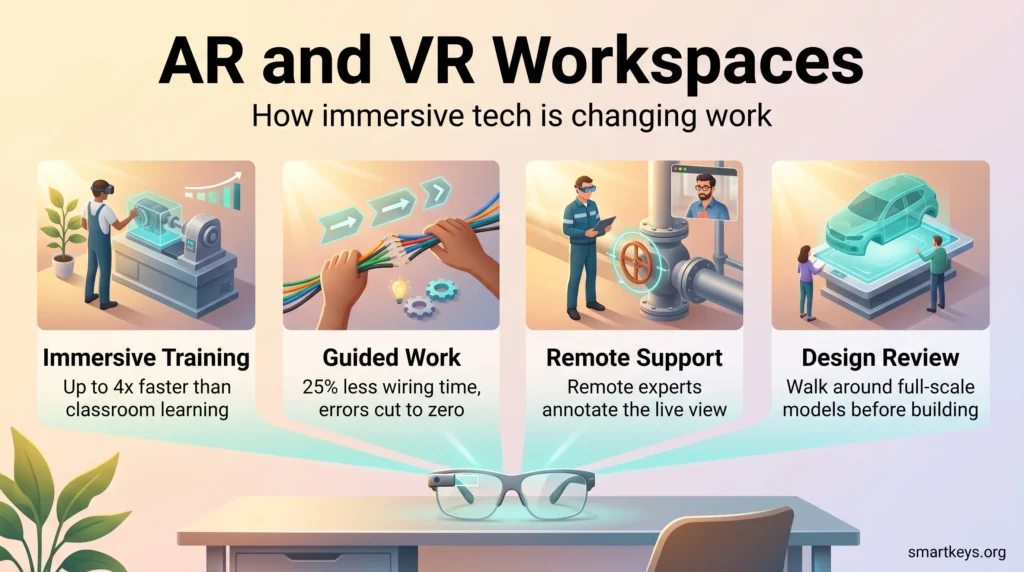 Infographic on AR and VR workspaces showing four proven uses at work: immersive training, guided work, remote support and design review.