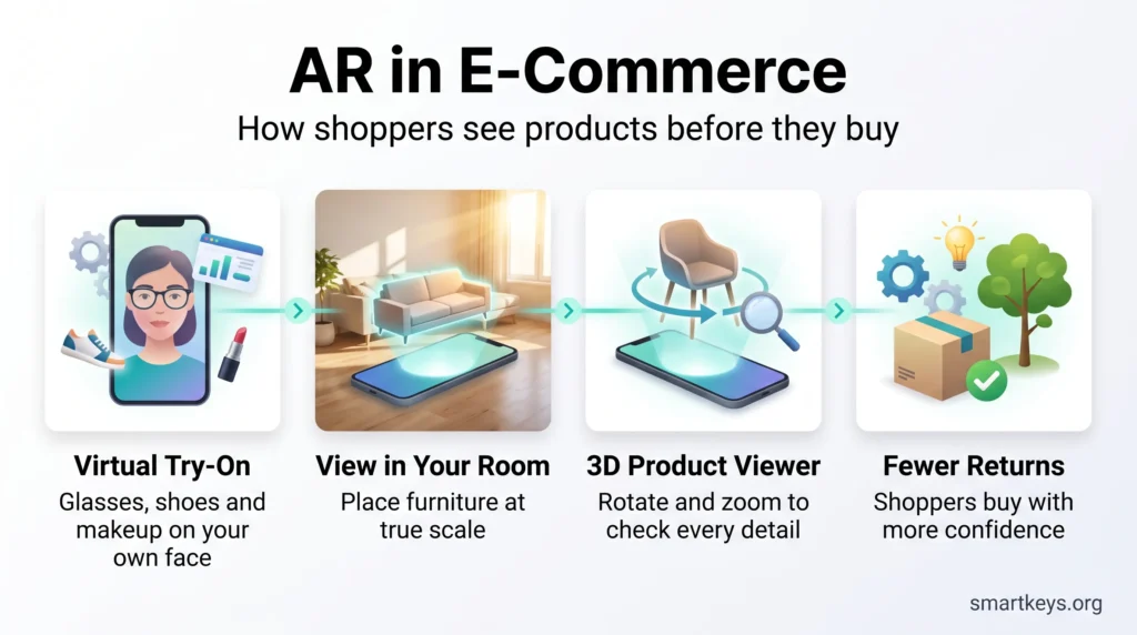 Infographic on AR in e-commerce: virtual try-on, viewing furniture in your room, 3D product viewers and fewer returns for more confident shoppers.