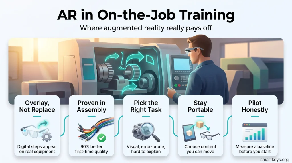 Infographic on AR on-the-job training: overlays on real equipment, 90% better assembly quality, the right tasks, portable content and honest pilots.