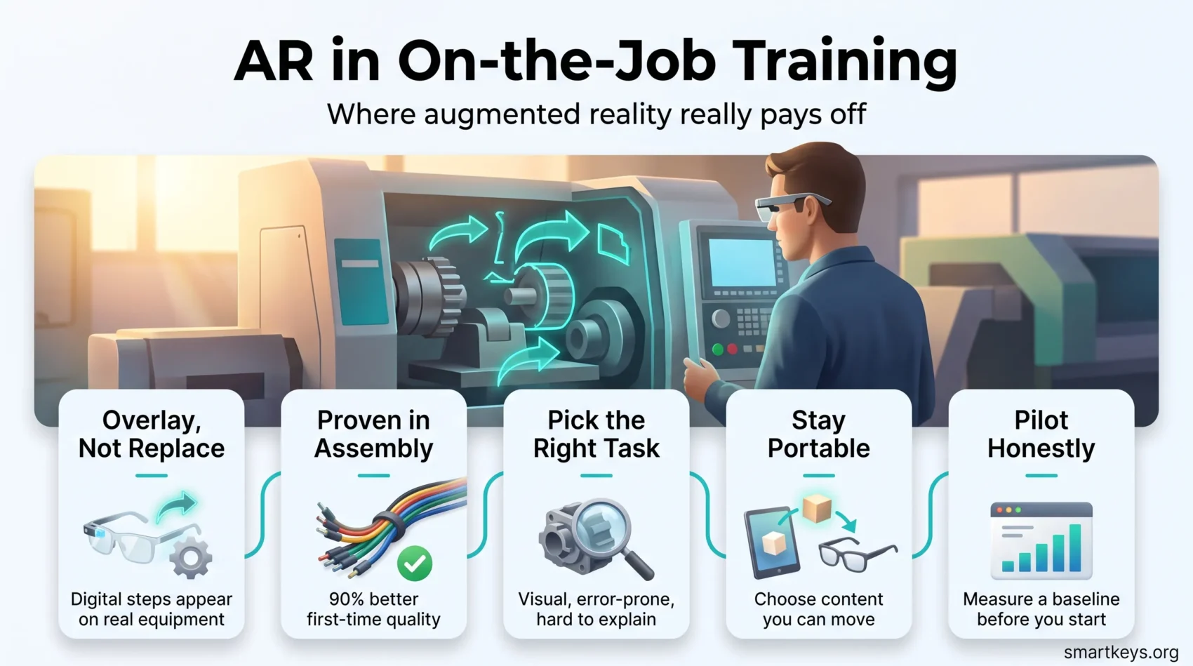 Infographic on AR on-the-job training: overlays on real equipment, 90% better assembly quality, the right tasks, portable content and honest pilots.