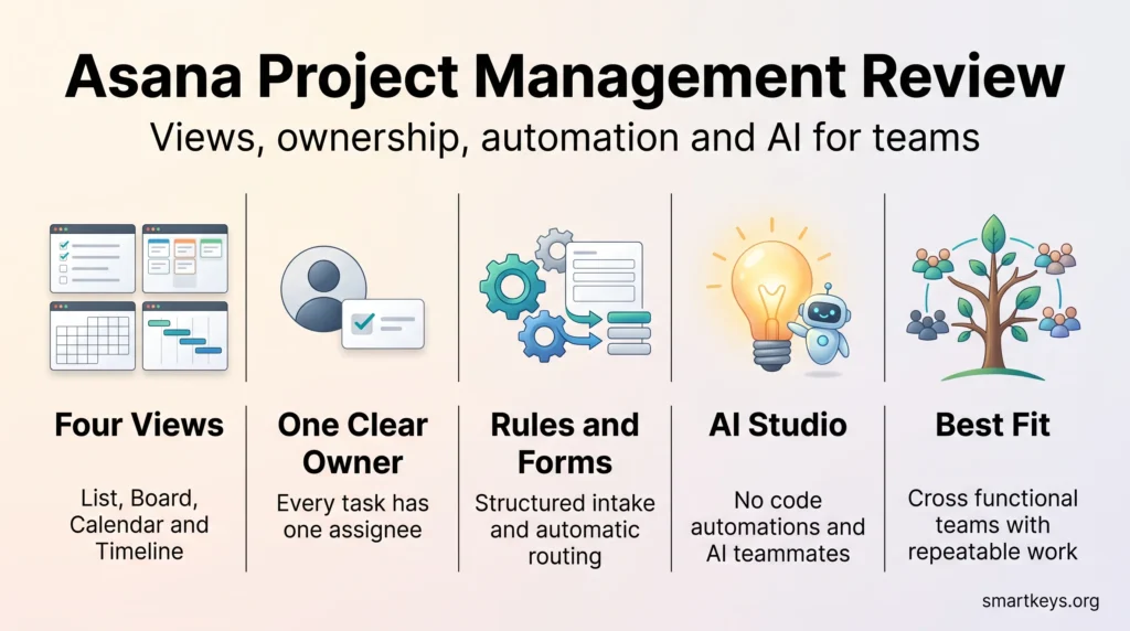 Asana project management review infographic showing four views, one owner per task, rules and forms, AI Studio and the teams it fits best.
