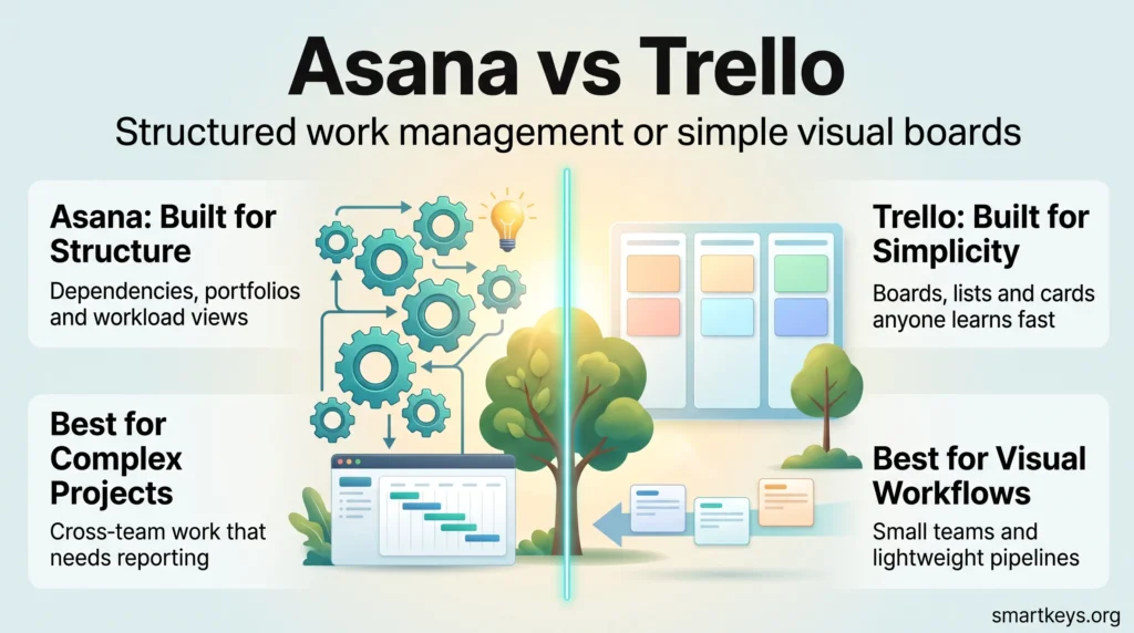 Asana vs Trello infographic comparing structured work management with dependencies and portfolios against simple visual kanban boards for small teams.