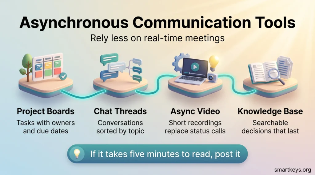 Infographic of asynchronous communication tools: project boards, chat threads, async video and a knowledge base that replace routine status meetings.