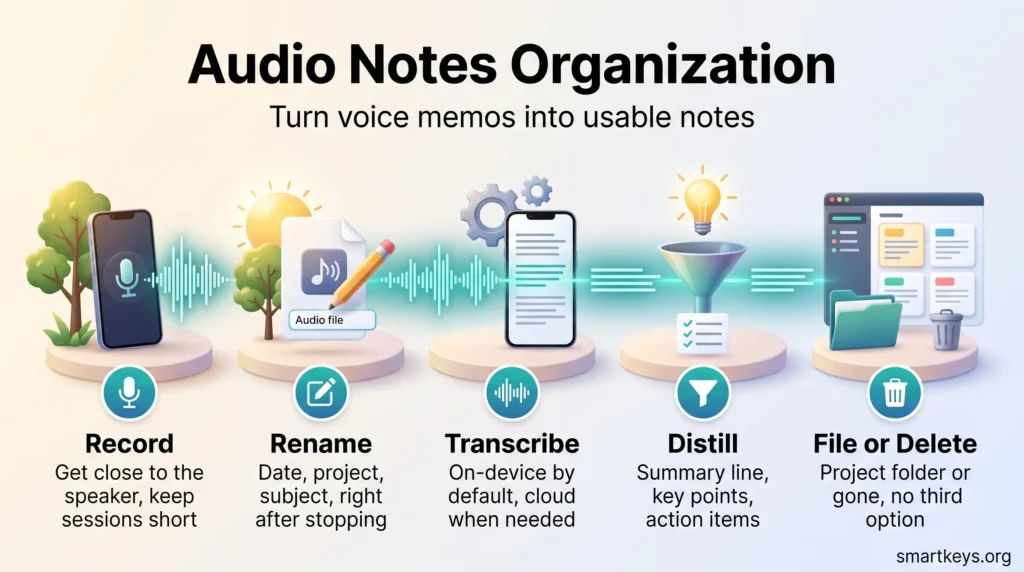 Infographic showing a five-step audio notes organization workflow: record, rename, transcribe, distill, and file or delete your voice memos.