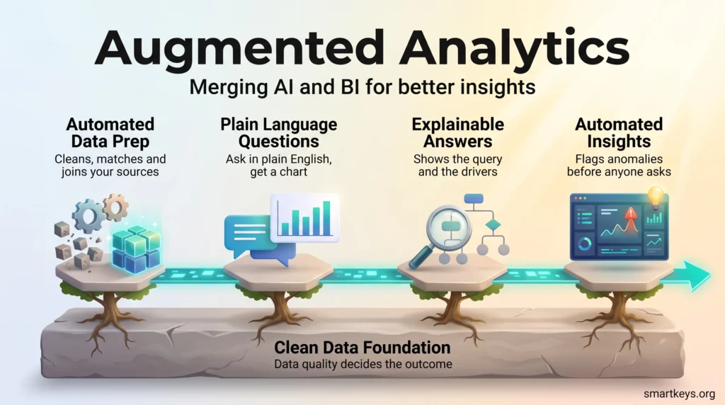 Augmented analytics infographic: automated data prep, plain language questions, explainable answers and automated insights built on a clean data foundation.