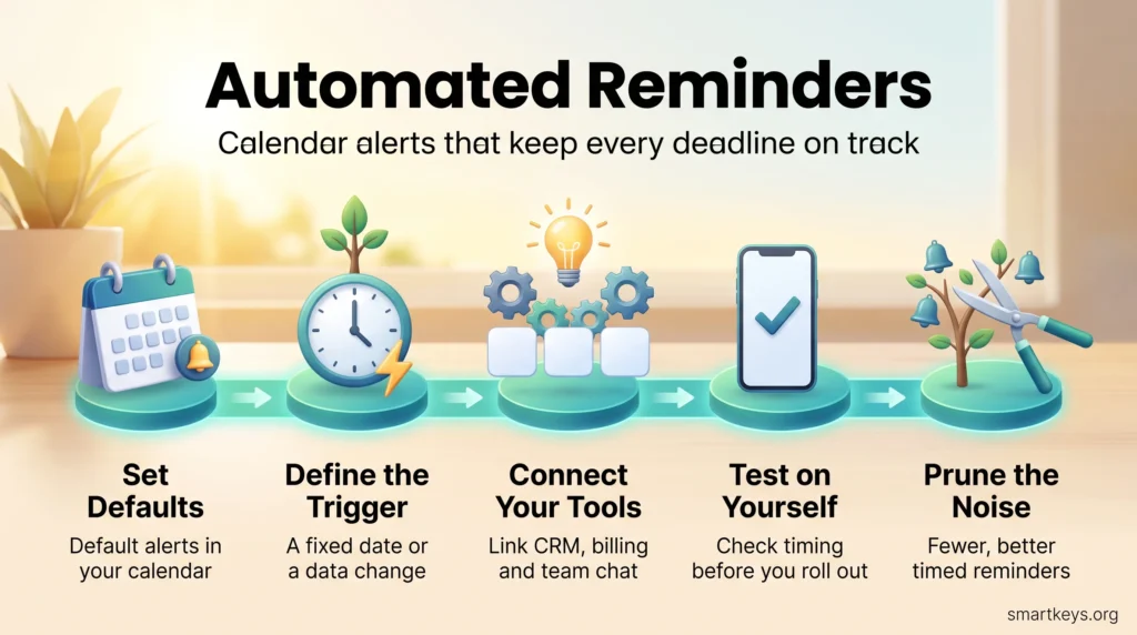 Infographic on automated reminders: set calendar defaults, define the trigger, connect your tools, test on yourself and prune the noise.