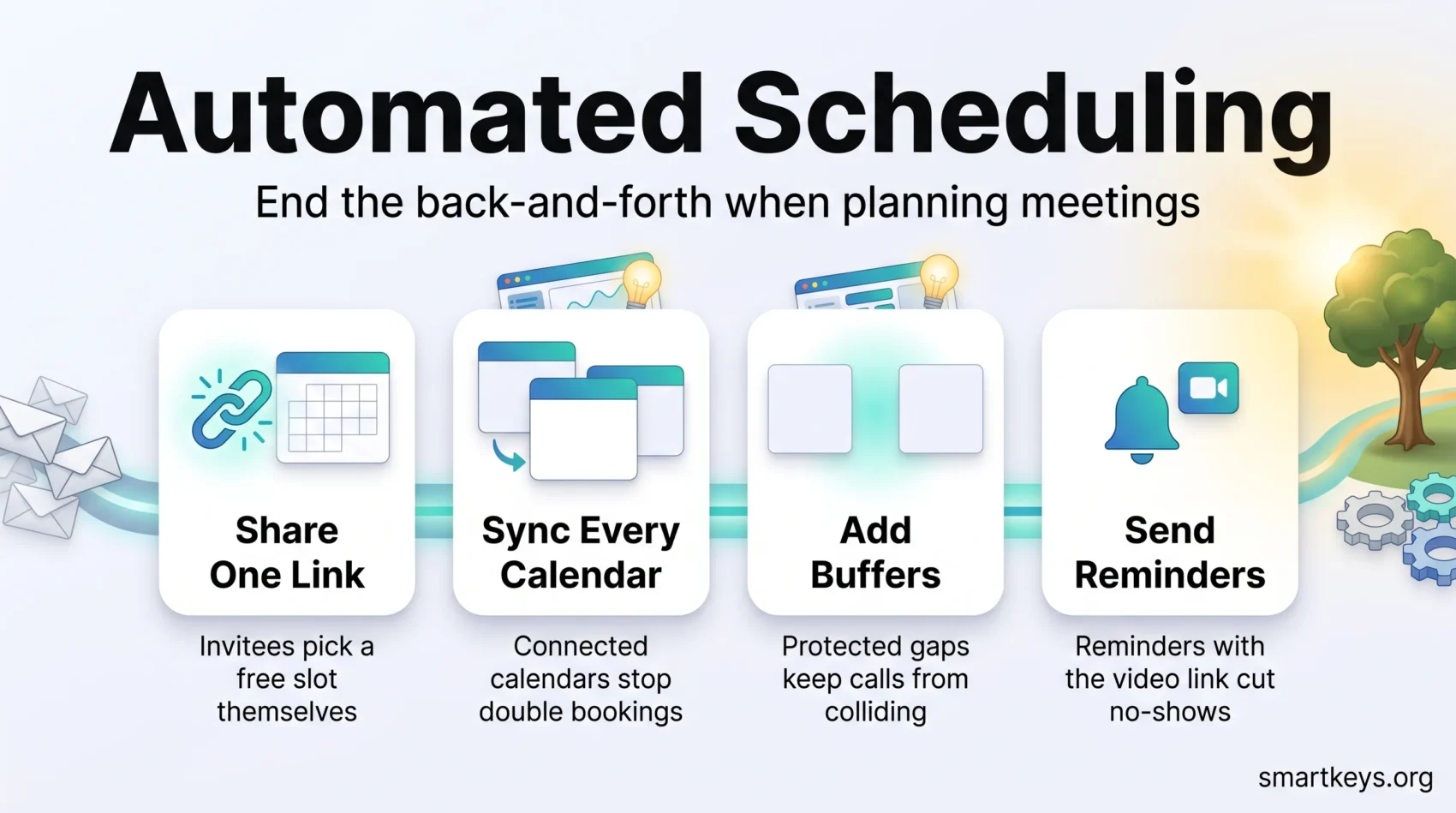 Infographic on automated scheduling showing four steps: share one booking link, sync every calendar, add buffers and send reminders to cut no-shows.