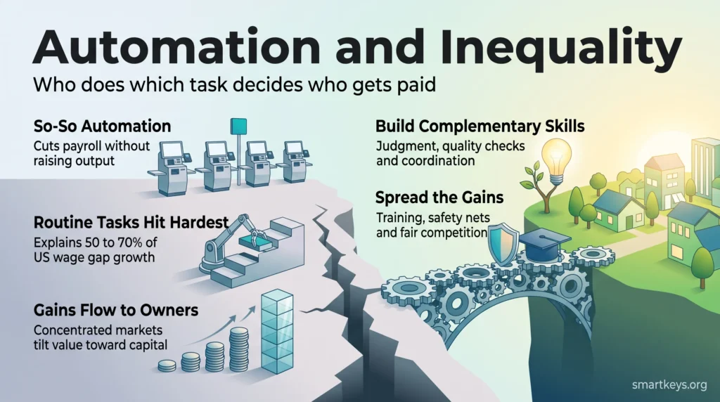 Infographic on automation and inequality: so-so automation and routine task loss widen the wage gap, while skills and fair policy help spread the gains.