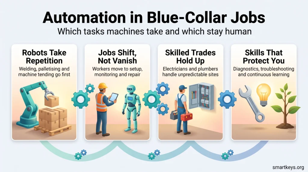 Infographic on automation in blue-collar jobs: robots take repetitive tasks, jobs shift to setup and repair, skilled trades hold up, and key skills protect workers.