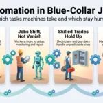 Automation in Blue-Collar Jobs: What to Expect in 2026 Infographic on automation in blue-collar jobs: robots take repetitive tasks, jobs shift to setup and repair, skilled trades hold up, and key skills protect workers.