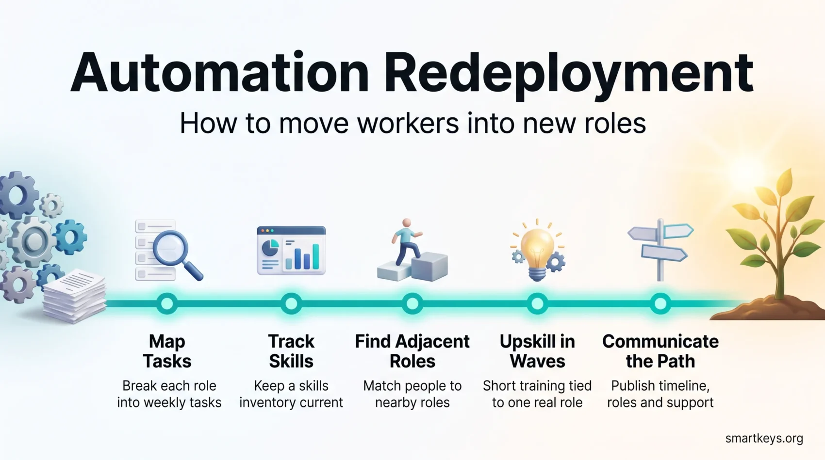 Automation redeployment infographic: a five step path from automated gears to a growing tree, from mapping tasks and skills to upskilling and new roles.