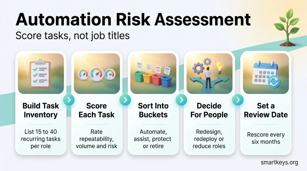 Infographic on automation risk assessment: build a task inventory, score each task, sort into buckets, decide for people and set a review date.