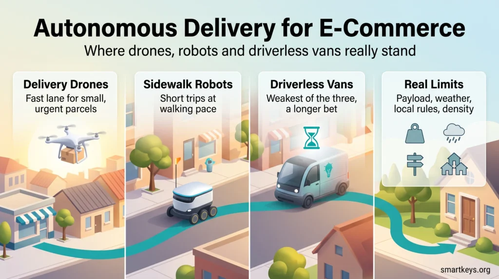 Autonomous delivery infographic comparing delivery drones, sidewalk robots and driverless vans along the last mile, plus limits like payload and weather.