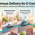 Autonomous Delivery in 2026: What It Means for E-Commerce Autonomous delivery infographic comparing delivery drones, sidewalk robots and driverless vans along the last mile, plus limits like payload and weather.