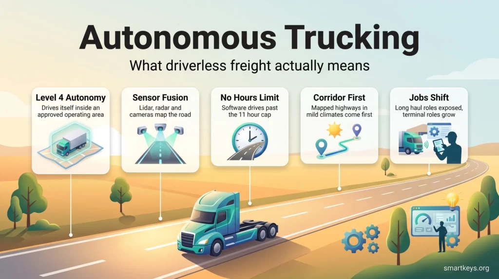 Infographic on autonomous trucking: a driverless truck on a highway passing five stations from Level 4 autonomy to shifting jobs.