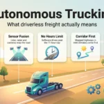 Autonomous Trucking in 2026: What Driverless Freight Actually Means Infographic on autonomous trucking: a driverless truck on a highway passing five stations from Level 4 autonomy to shifting jobs.