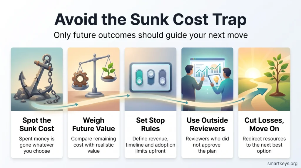 Infographic on how to avoid the sunk cost trap in five steps: spot the sunk cost, weigh future value, set stop rules, use outside reviewers and cut losses.
