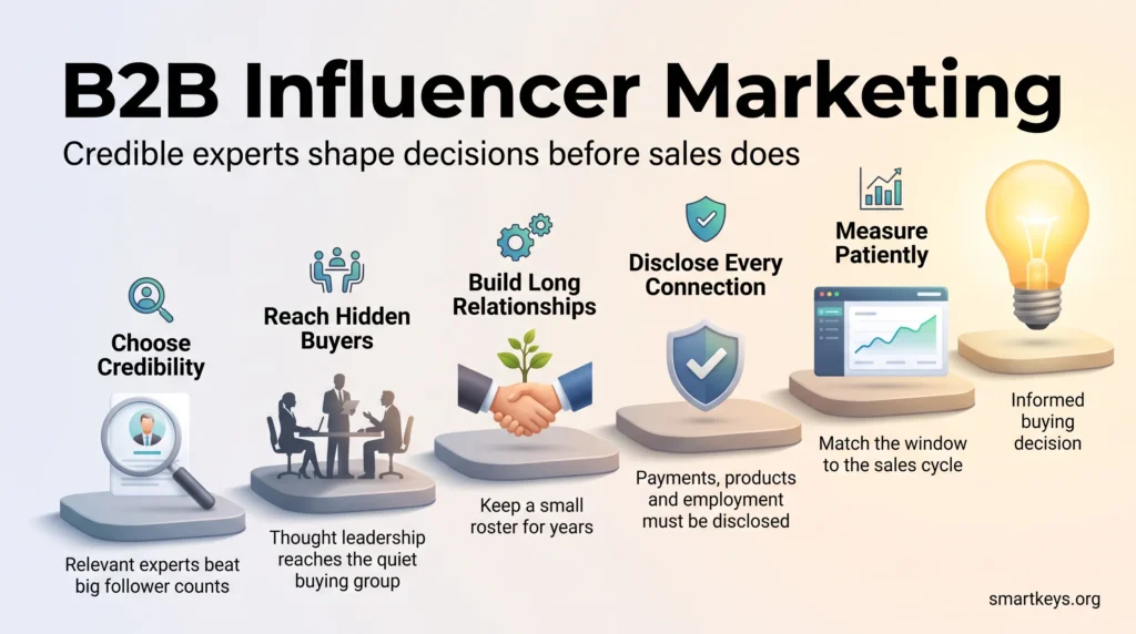 B2B influencer marketing infographic: choose credible experts, reach hidden buyers, build long relationships, disclose connections, measure patiently.