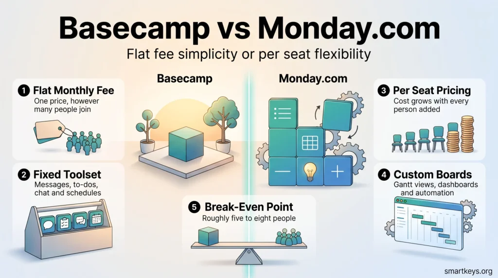 Basecamp vs Monday.com infographic: flat monthly fee and fixed toolset versus per seat pricing and custom boards, breaking even at five to eight people.