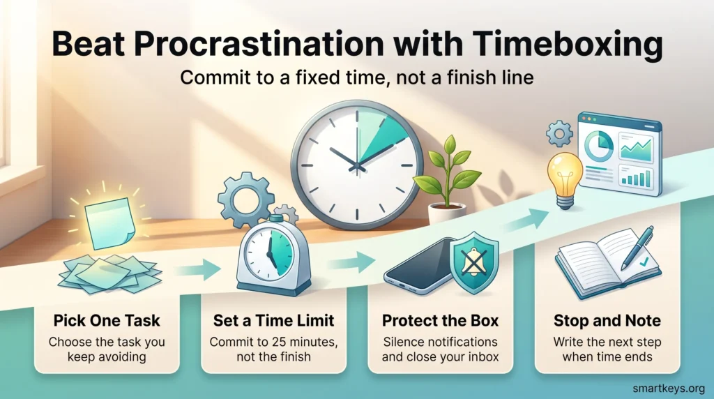 Infographic on beating procrastination with timeboxing: pick one task, set a time limit, protect the box, then stop and note the next step.