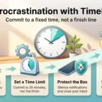 Infographic on beating procrastination with timeboxing: pick one task, set a time limit, protect the box, then stop and note the next step.