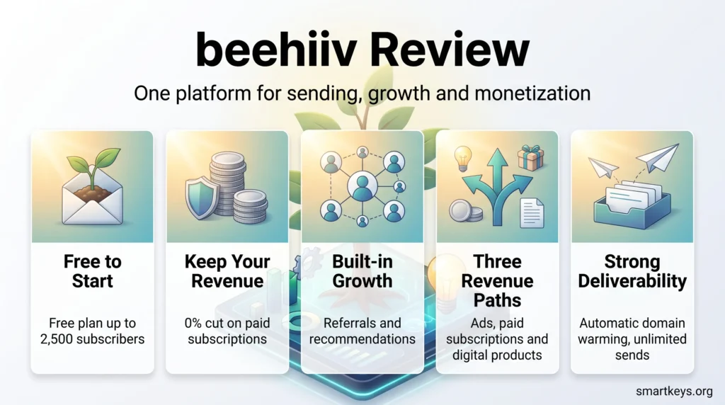 beehiiv review infographic showing the free plan, 0% cut on paid subscriptions, built-in growth tools, three revenue paths and strong deliverability.