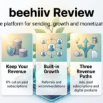 Beehiiv Review 2026: Pricing, Features, Monetization Tools beehiiv review infographic showing the free plan, 0% cut on paid subscriptions, built-in growth tools, three revenue paths and strong deliverability.