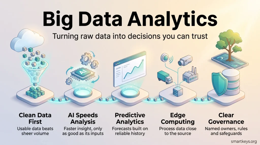 Big data analytics infographic showing five pillars: clean data first, AI speeds analysis, predictive analytics, edge computing and clear governance.