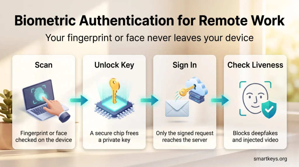 Biometric authentication for remote work infographic: fingerprint scan on the device, a secure chip frees a private key, signed sign-in and liveness check.